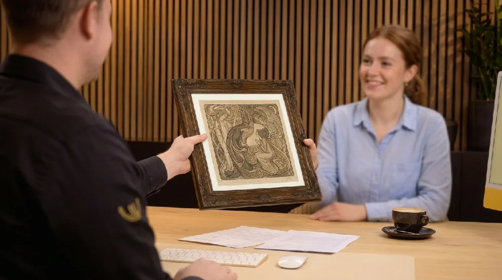 Hand vult online formulier in voor taxatie Jan Toorop Grafiek