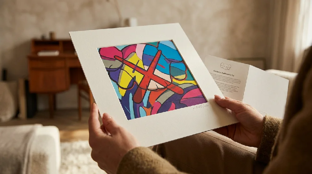 Beveiligde opslagruimte met meerdere ingepakte KAWS Prints, onder optimale omstandigheden