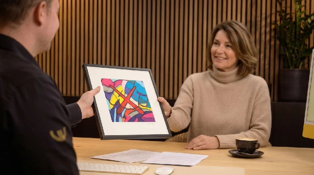 Vrouw vult een online formulier in op haar laptop, met een KAWS Prints op de achtergrond