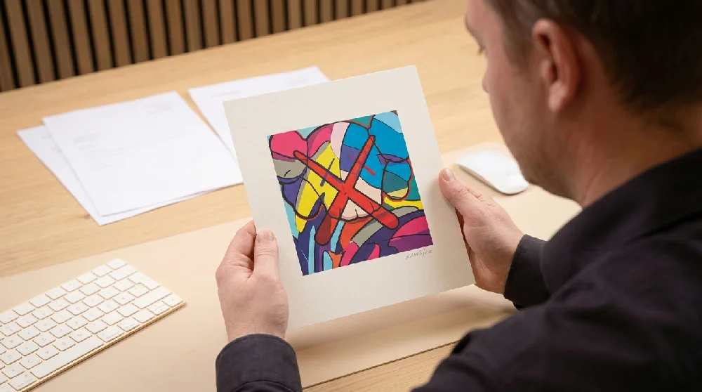 Kunstexpert inspecteert een KAWS Prints met een loep, tijdens een taxatieafspraak