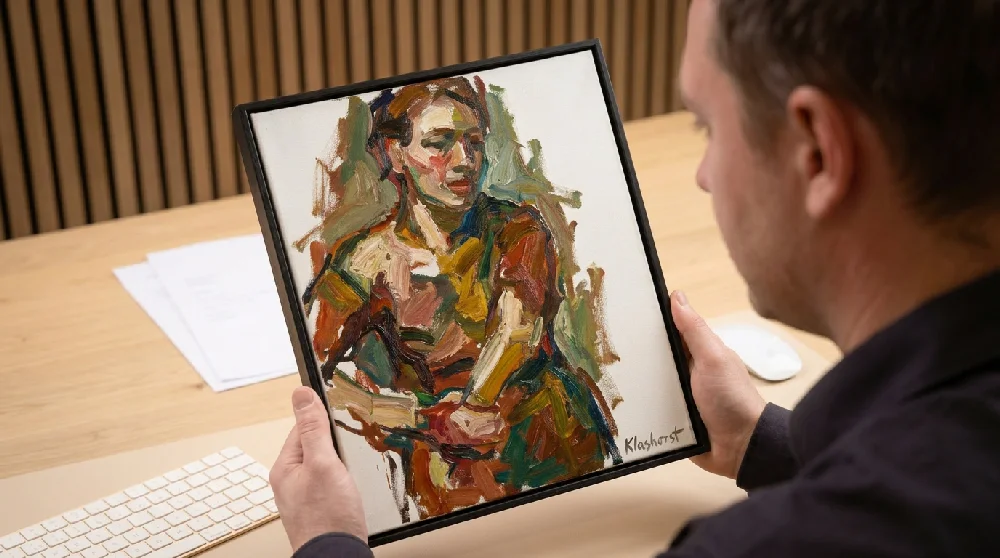 Handen die een schilderij onderzoeken tijdens een taxatie