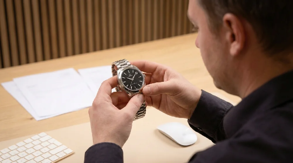 Horlogemaker controleert de echtheid van de Omega Railmaster
