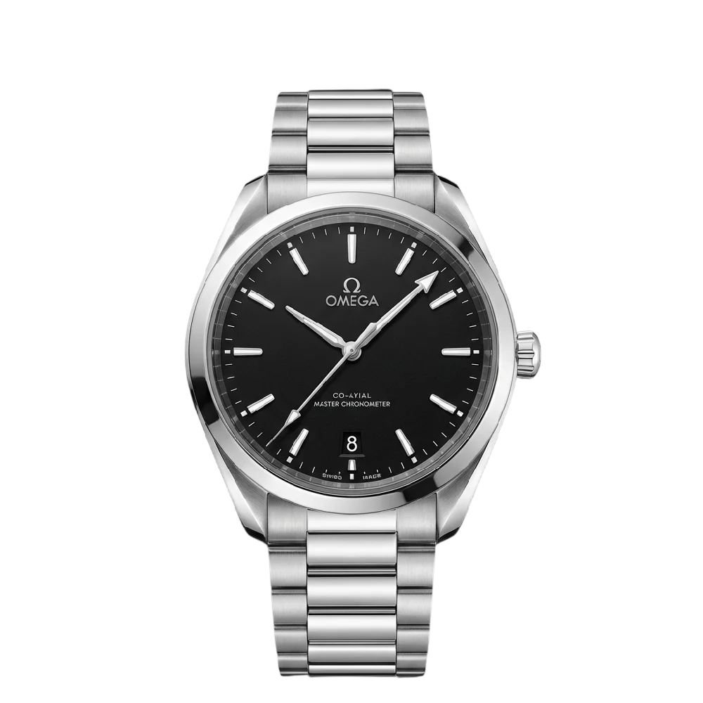 Een luxe Omega Railmaster horloge met stalen band op een strakke achtergrond