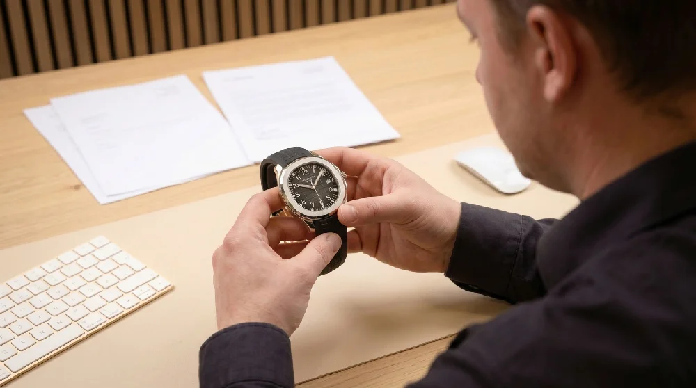 Horlogemaker controleert een Patek Philippe Aquanaut uurwerk
