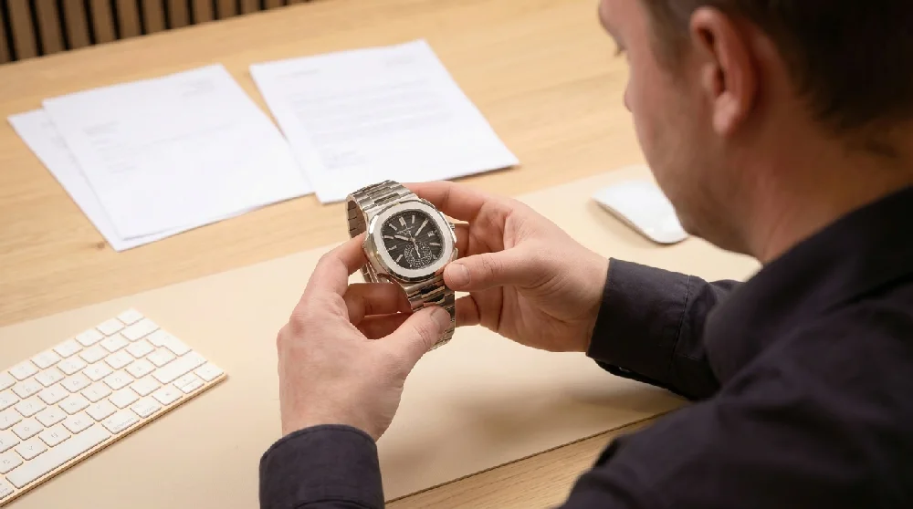 Taxateur bekijkt een luxe Patek Philippe horloge