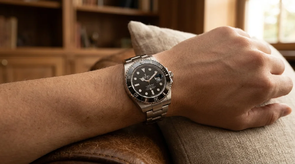 Een gouden en stalen Rolex Submariner veilig opgeborgen voor verpanding