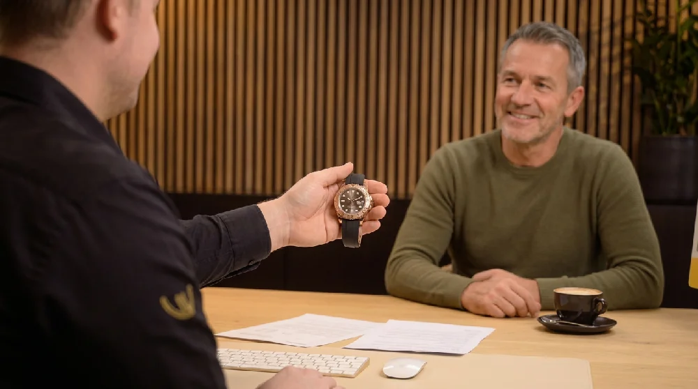 Persoon vult online formulier in voor het verkopen van een Rolex horloge