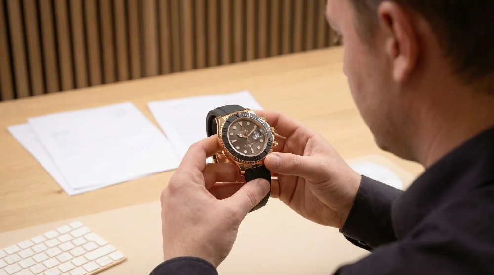 Horloge-expert beoordeelt een Rolex Yacht-Master met een loup op locatie