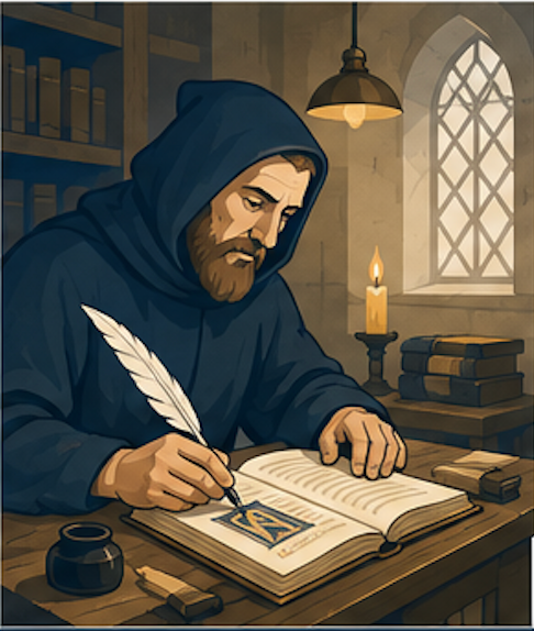 Illustration of medieval monks hand-copying illuminated manuscripts inside a monastery scriptorium.