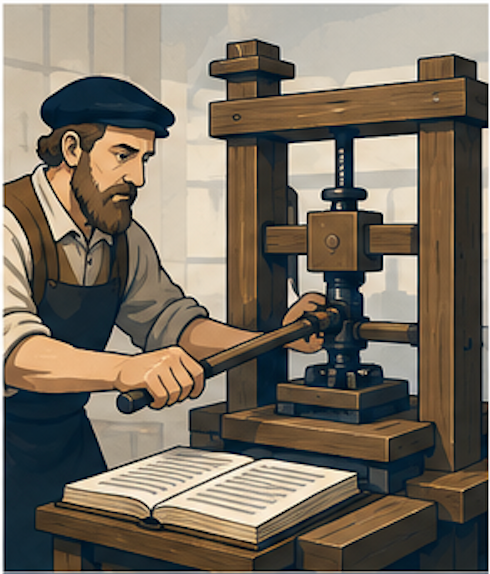 Illustration of Johannes Gutenberg operating the movable type printing press that revolutionized book production.