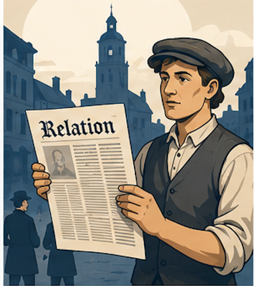 Illustration of one of the world’s first printed newspapers marking the beginning of regularly published news.