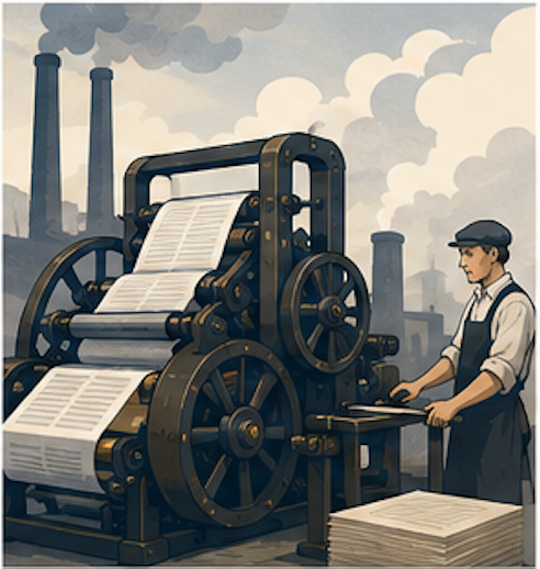 Illustration of a steam-powered industrial printing press used for high-volume book, newspaper, and commercial printing.