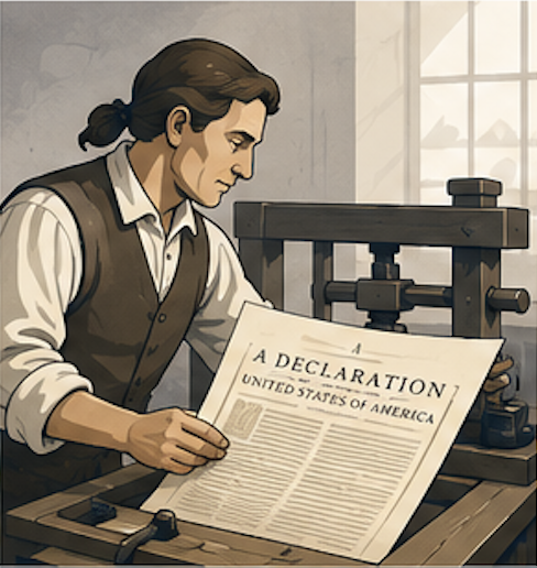 Illustration of John Dunlap’s printing press producing copies of the Declaration of Independence in 1776.