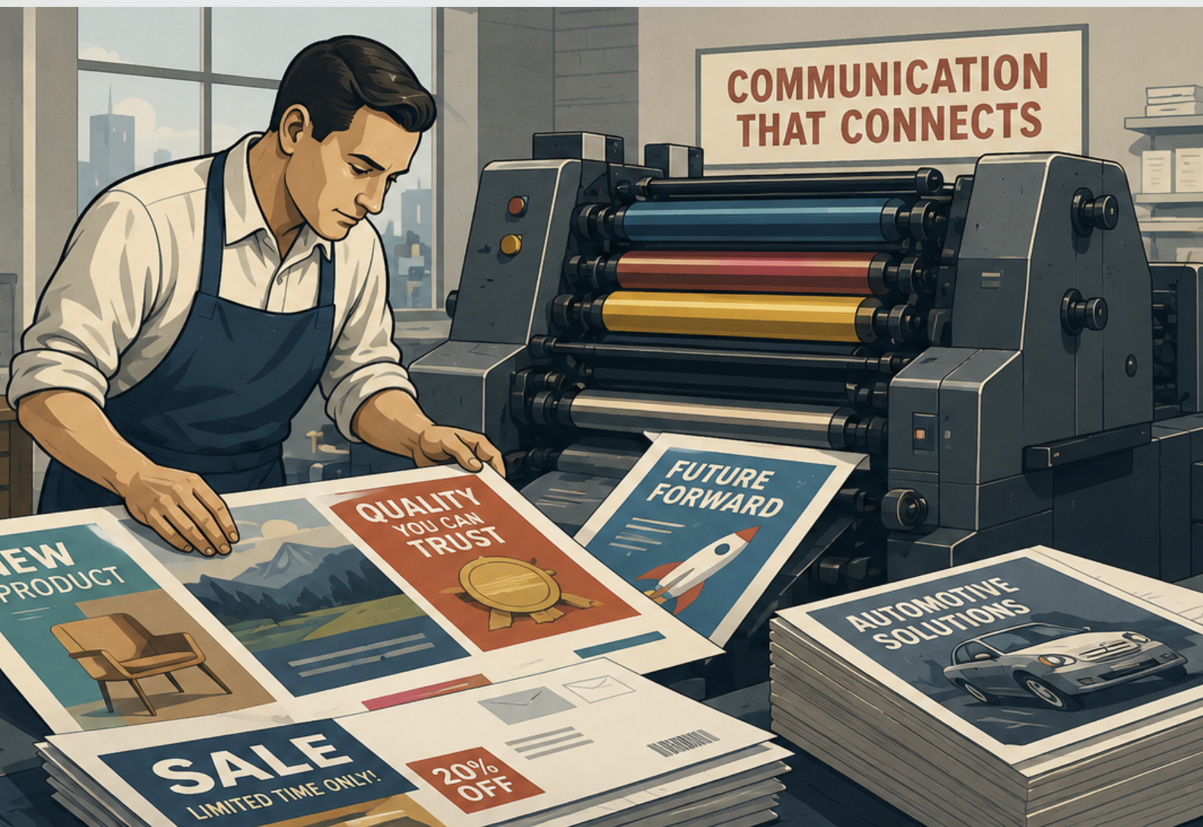Illustration of a mid-century commercial printing facility producing magazines, brochures, catalogs, and other high-volume printed materials.