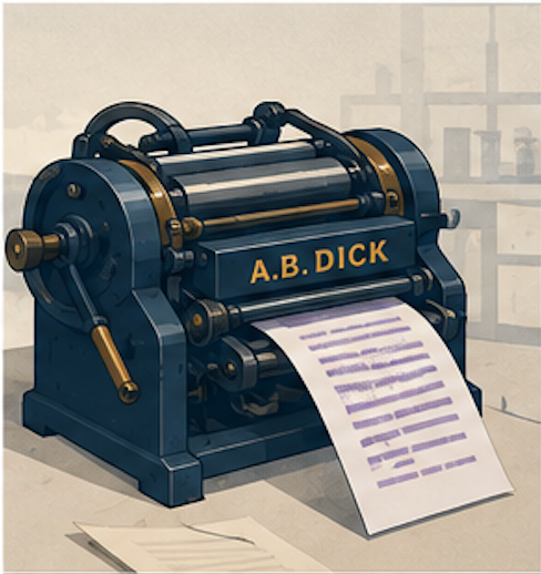 Illustration of an early offset lithography printing press producing printed sheets using the offset printing process.