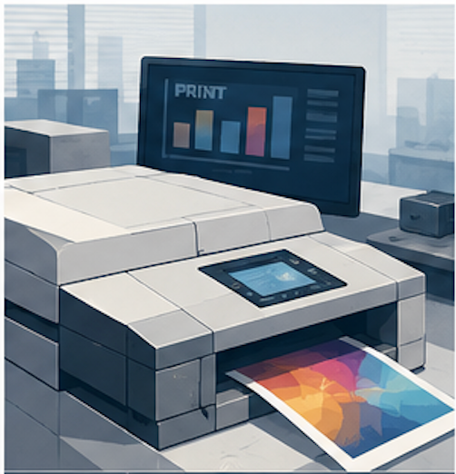 Illustration of a modern digital printing press producing personalized and short-run printed materials.