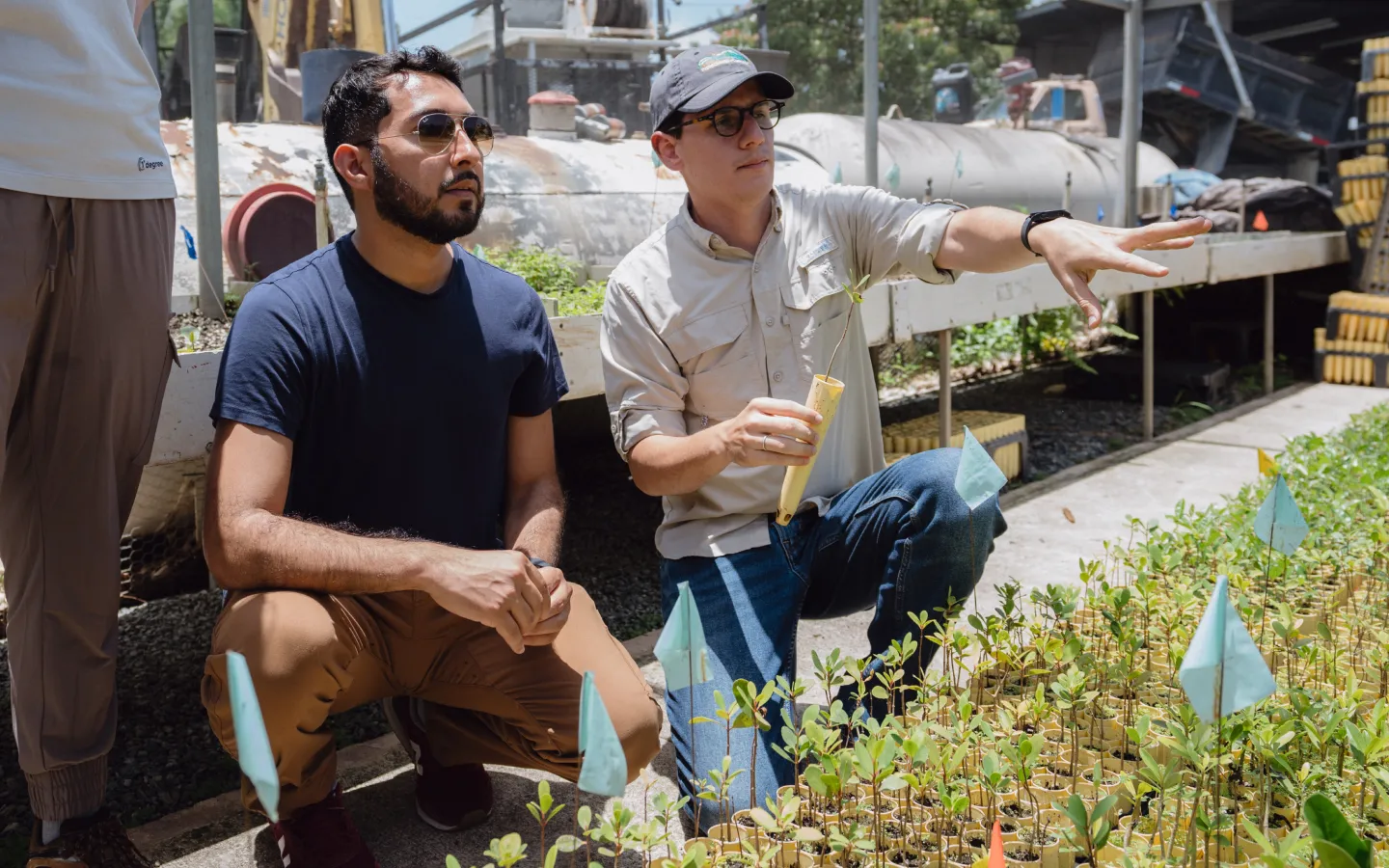 A couple of men standing next to each other in a garden.