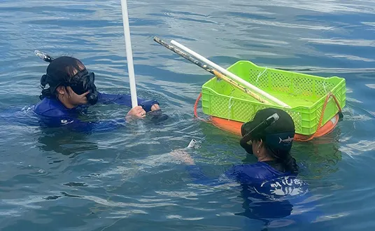 A couple of people in the water with a net.