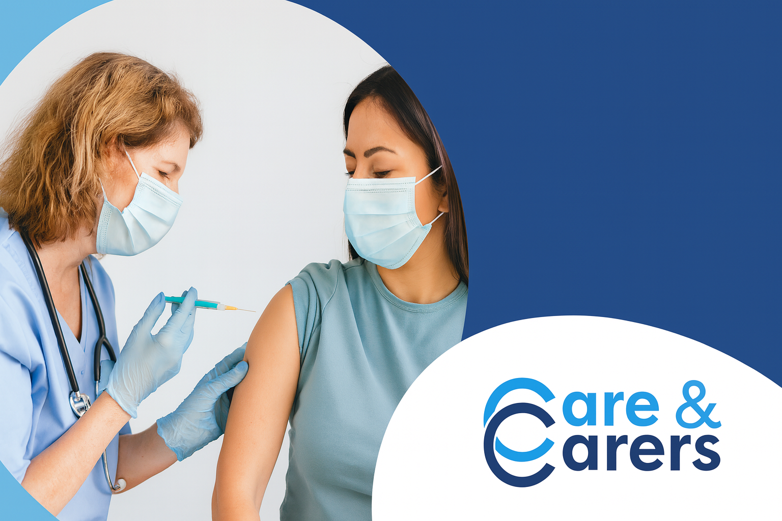 Nurse administering a flu vaccination to a staff member, shown against Care & Carers brand colours, with the Care & Carers logo displayed on the banner