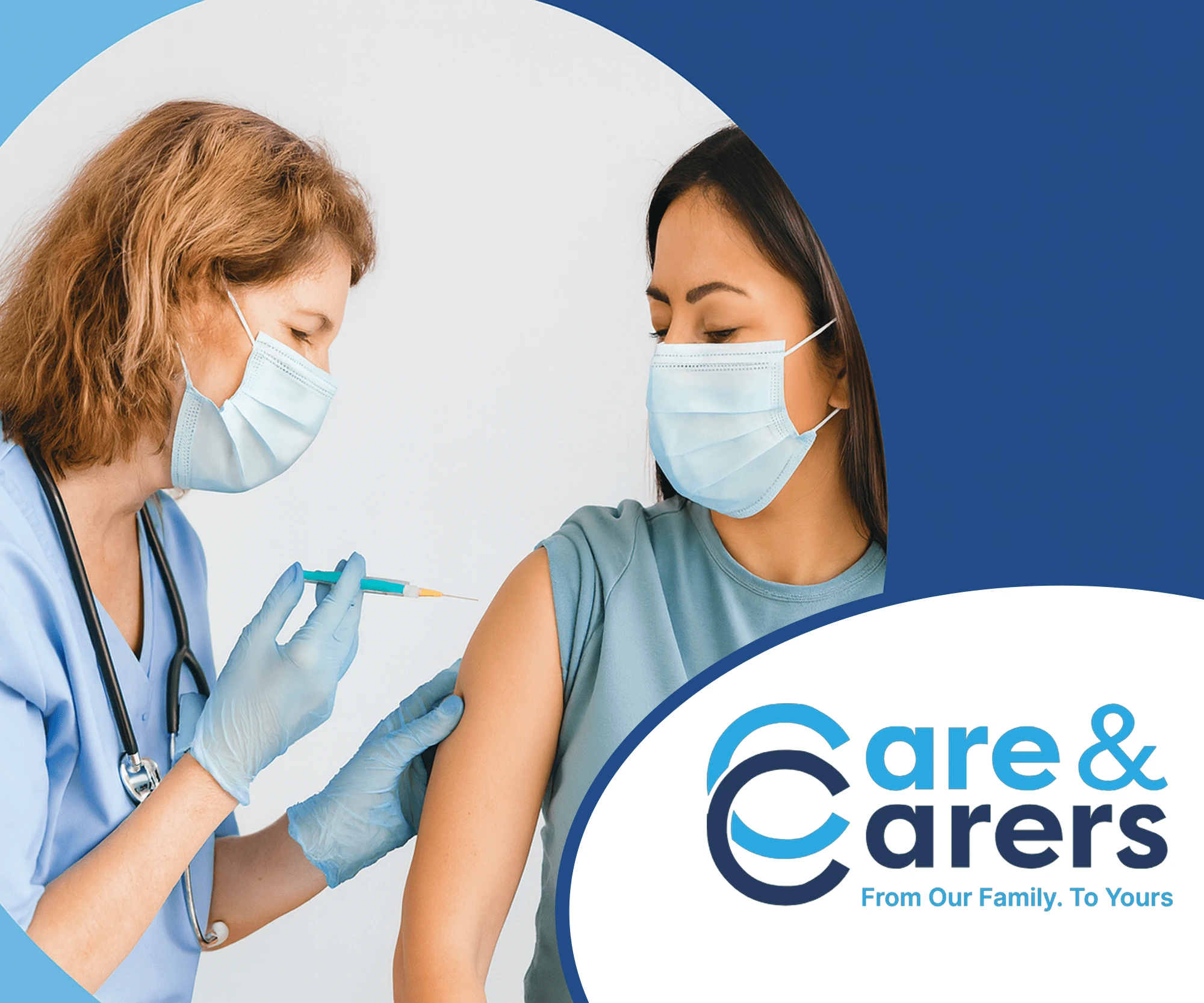 Nurse administering a flu vaccination to a staff member, shown against Care & Carers brand colours, with the Care & Carers logo displayed on the banner