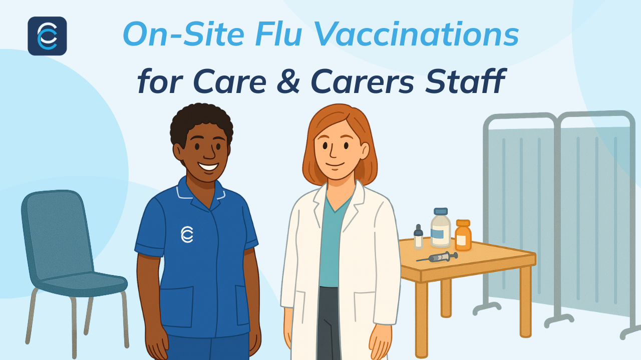Nurse administering a flu vaccination to a staff member, shown against Care & Carers brand colours, with the Care & Carers logo displayed on the banner