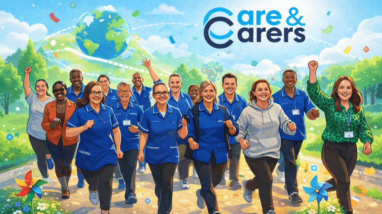 Care & Carers team celebrating their Steps Challenge achievement, promoting staff wellbeing, teamwork and sustainable care