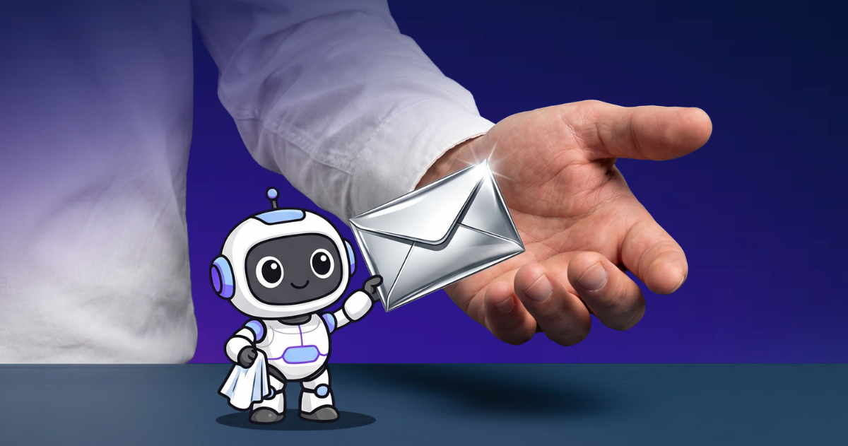 Robotický asistent podává bílou obálku natažené lidské ruce na tmavě fialovém pozadí.