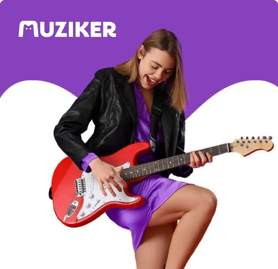 Woman in a purple dress playing a red electric guitar, with the Muziker logo.