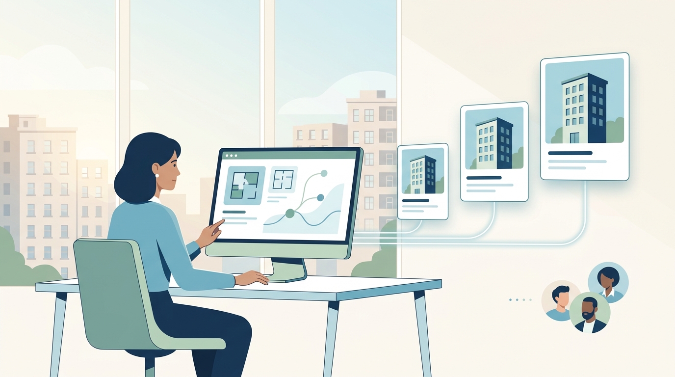 A property manager reviewing a growing portfolio of scattered single-family rental doors on a laptop, representing scaling leasing