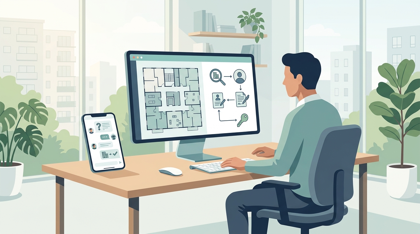 Property manager reviewing a DoorLoop dashboard with an AI leasing layer responding to after-hours rental inquiries