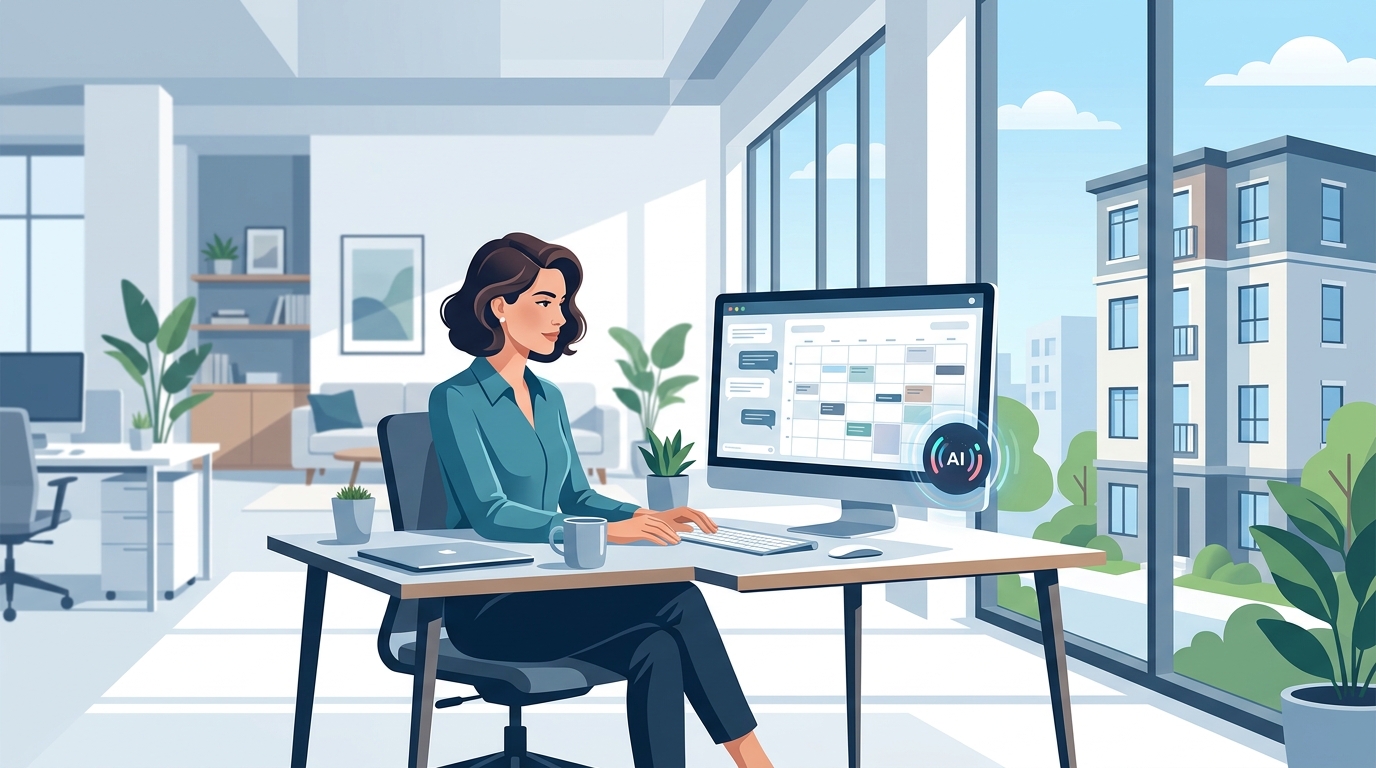Property manager reviewing Buildium dashboard with AI leasing inquiry responses on a second screen