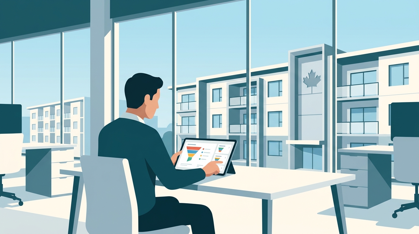 Canadian property manager reviewing rental inquiries on a laptop, with AI leasing automation responding to renters on RentFaster and Kijiji