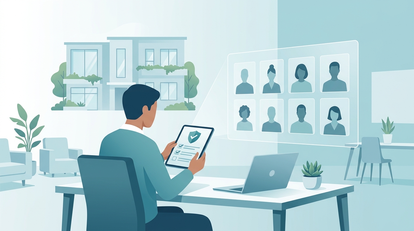 Property manager reviewing a rental application beside a checklist split into AI-safe tasks and human-only screening decisions.