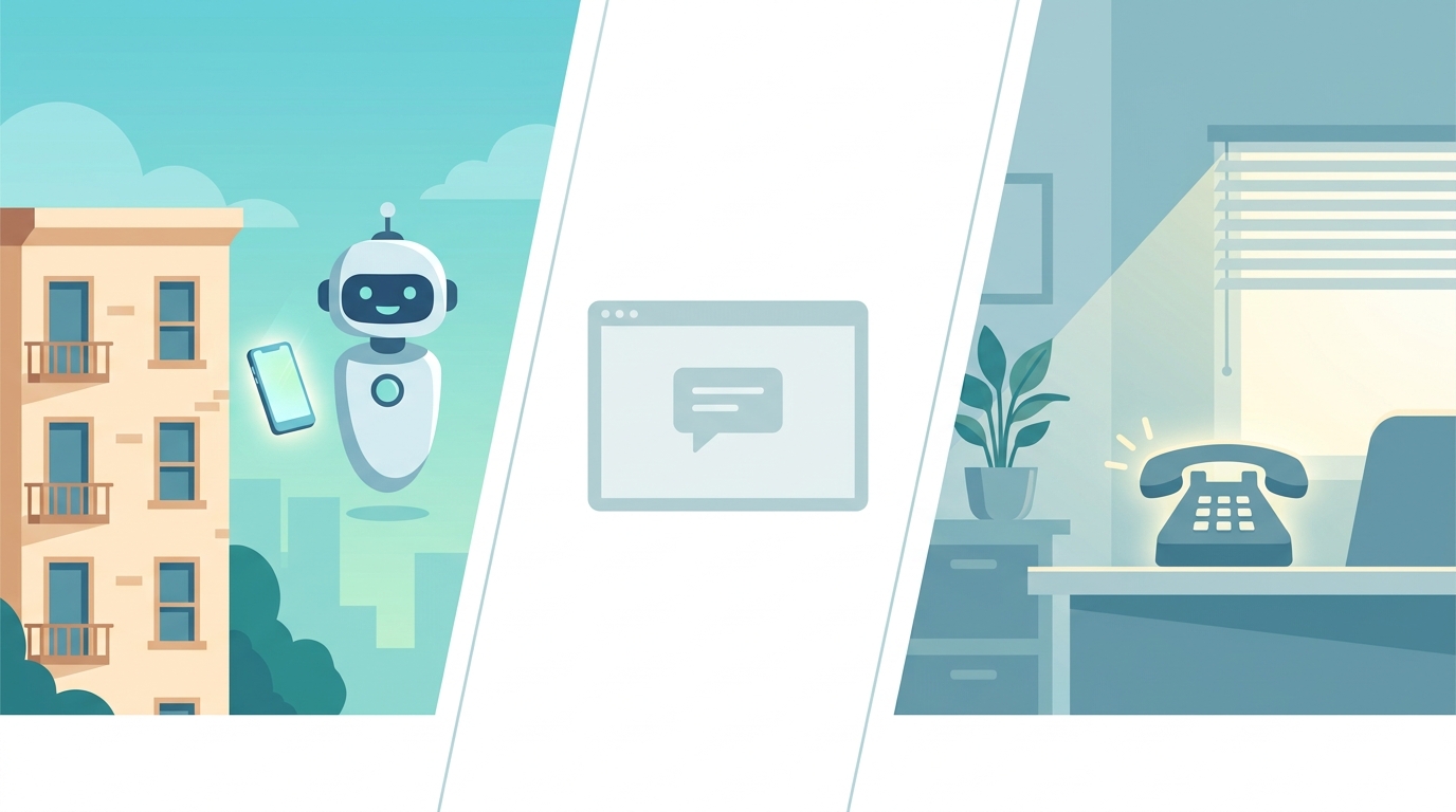 Side-by-side comparison of a chatbot widget, a phone answering service headset, and an AI leasing assistant interface
