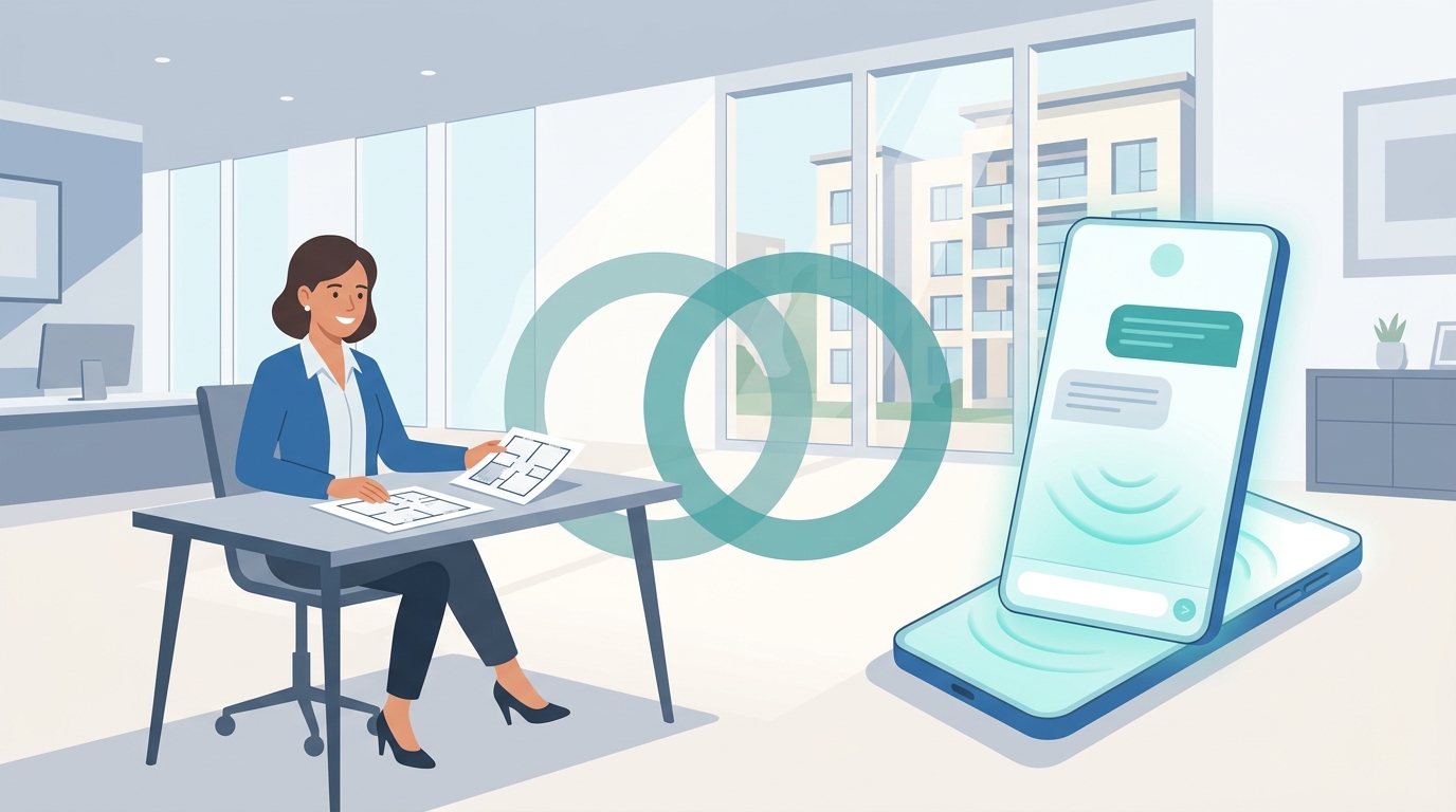Property manager reviewing leasing inquiry dashboard while agent conducts a showing in the background