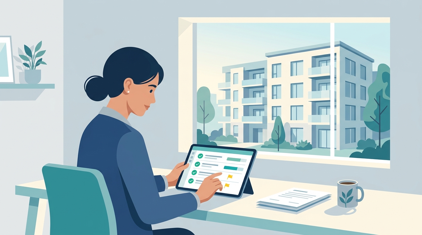 Property manager reviewing a pre-qualification checklist on a laptop before scheduling a rental tour