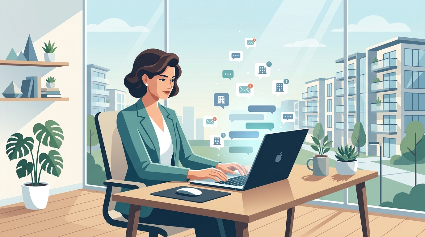 Property manager on a laptop with chat and phone inquiry notifications arriving simultaneously, representing instant rental inquiry response