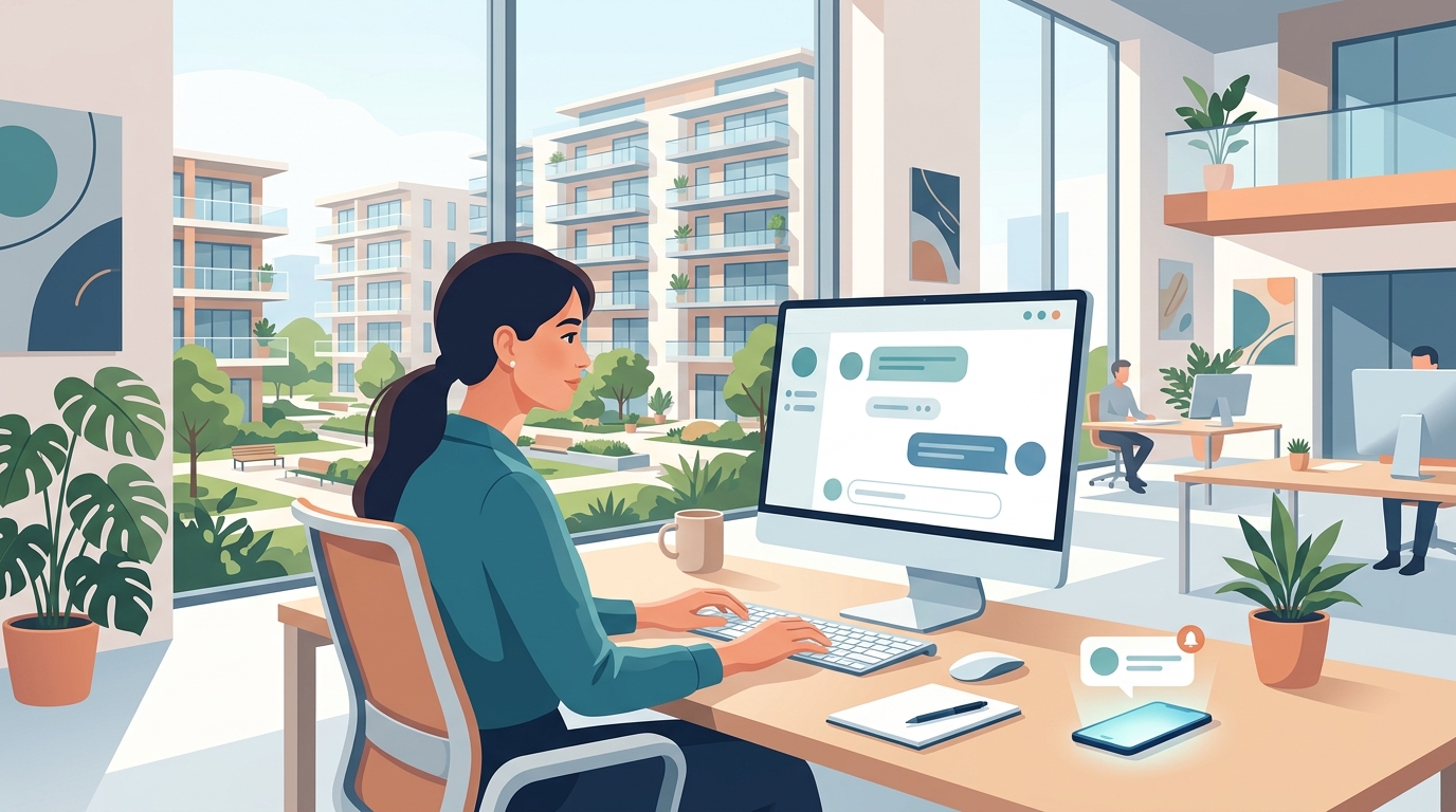 Property manager reviewing leasing inquiries on a laptop with AI response notifications appearing in real time