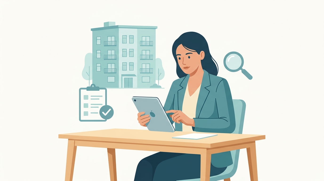A property manager sitting at a desk reviewing a checklist of questions on a notepad before a leasing software demo