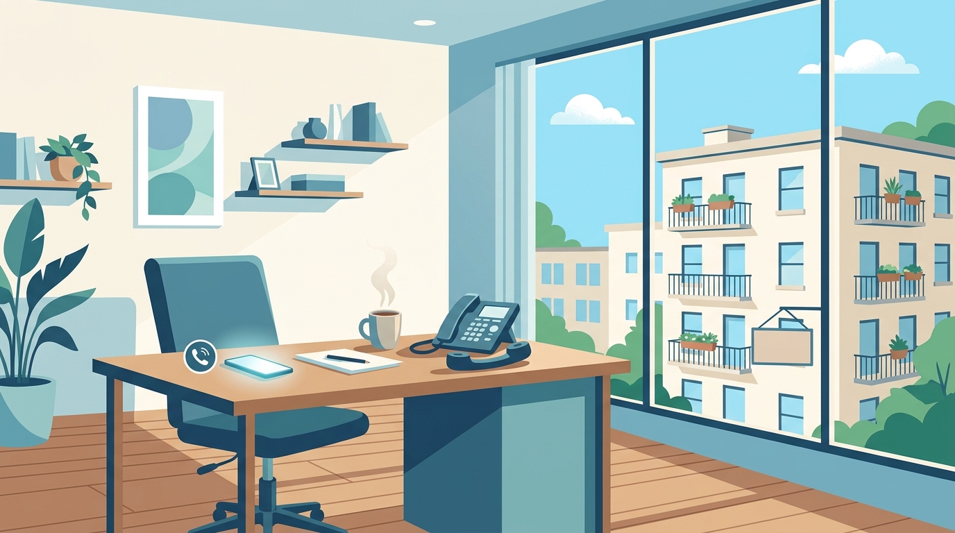 Property manager at a desk looking at a phone showing missed rental inquiry calls after hours