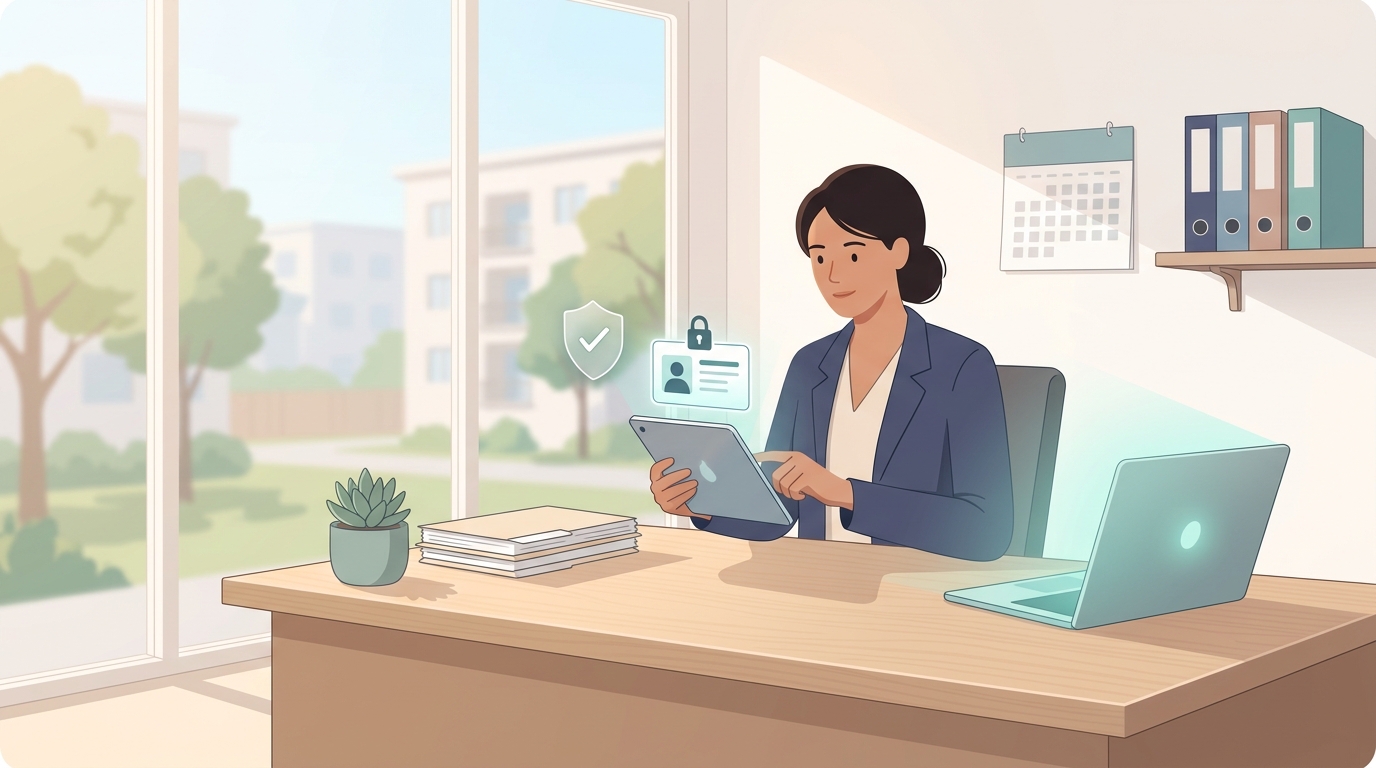 Property manager reviewing applicant screening documents at a desk, representing data retention and breach liability for landlords