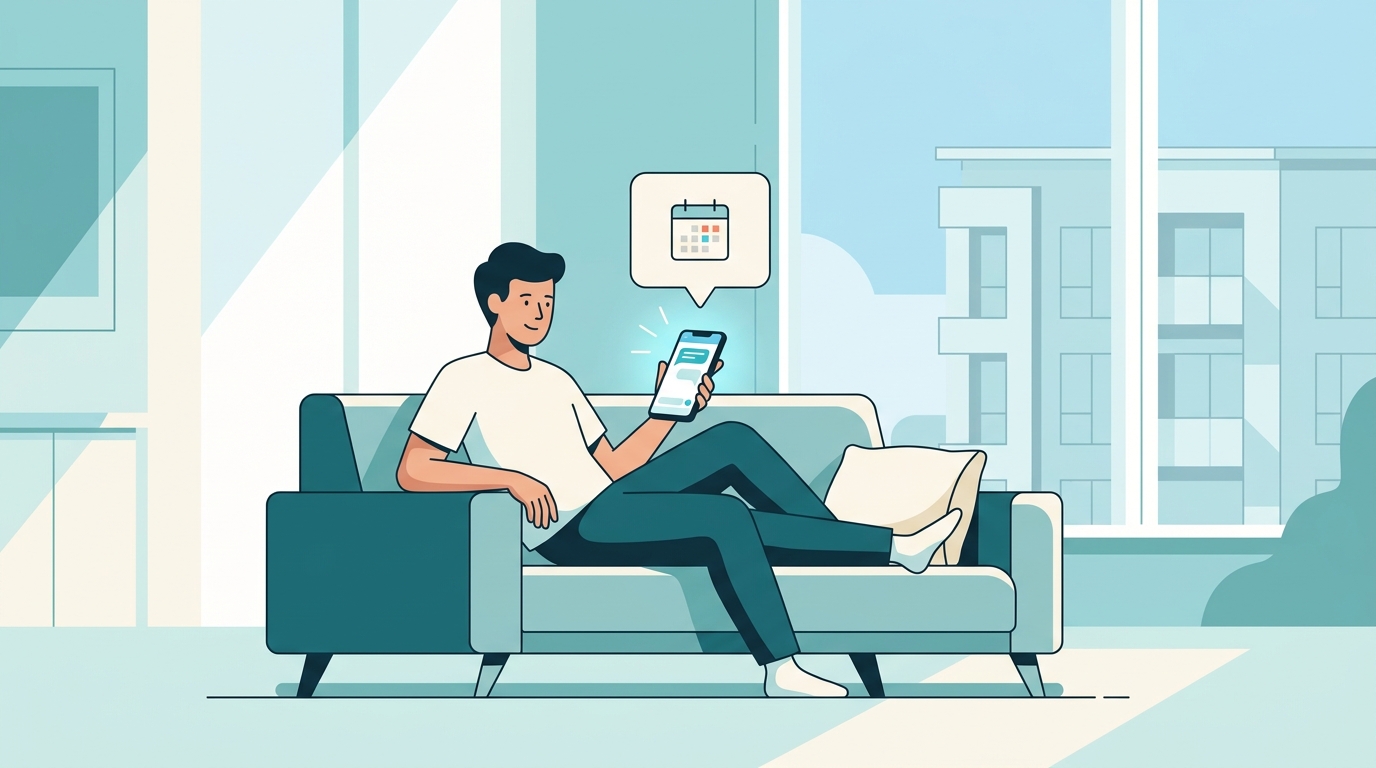 Property manager reviewing rental inquiry responses on a mobile device alongside a renter touring an apartment independently