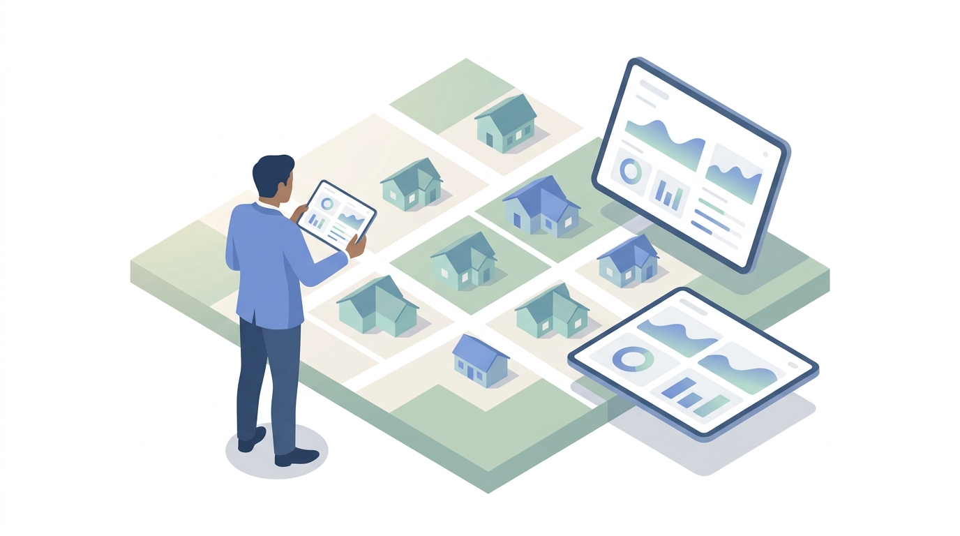 Map pins scattered across neighborhoods representing single-family rental units managed remotely