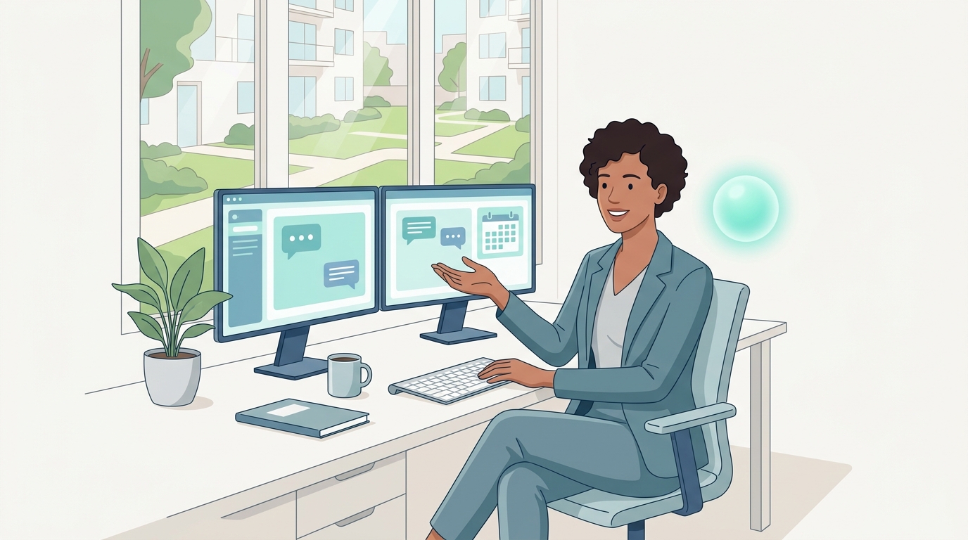 A leasing agent reviewing a calendar of pre-booked showings on a laptop, representing how AI handles inquiry triage so agents focus on the i