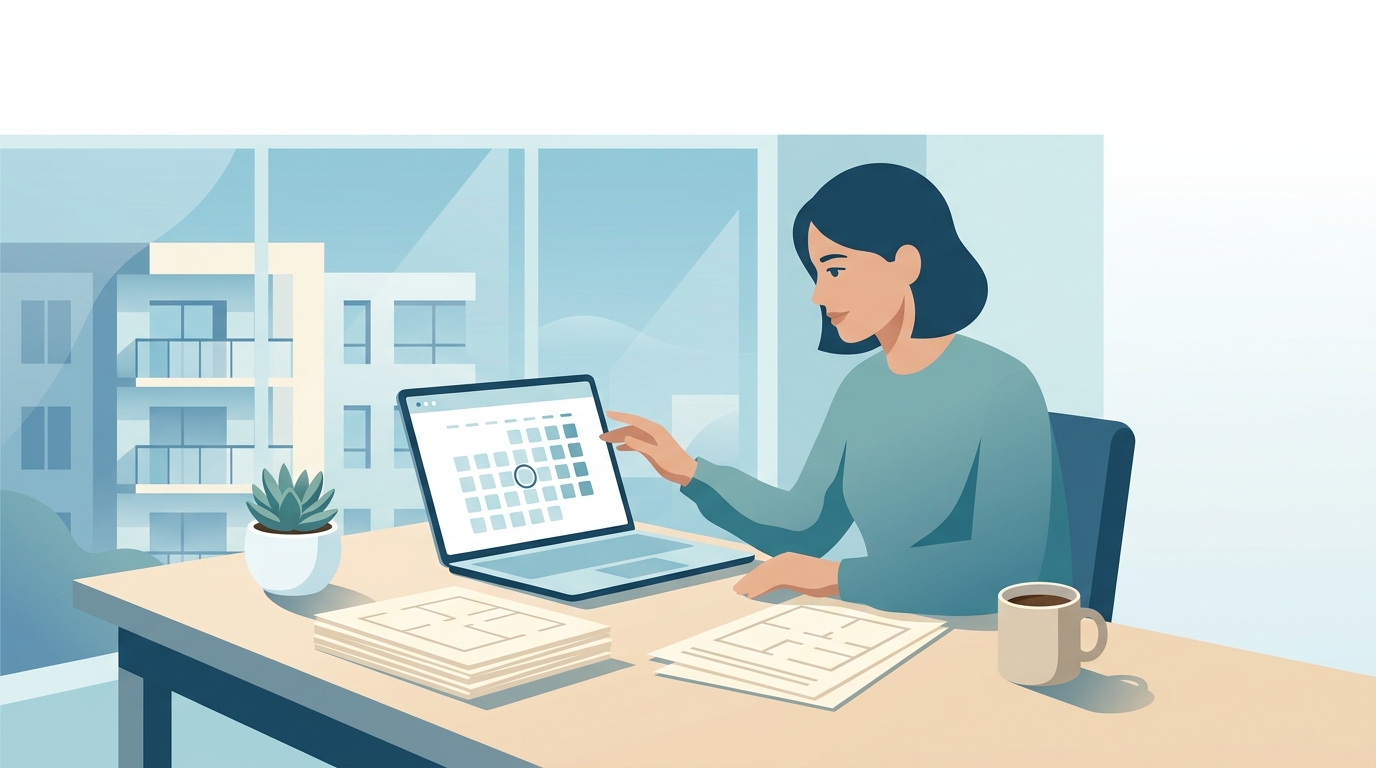 A property manager reviewing a lease calendar with renewal dates marked 90 days before each unit's expiry date