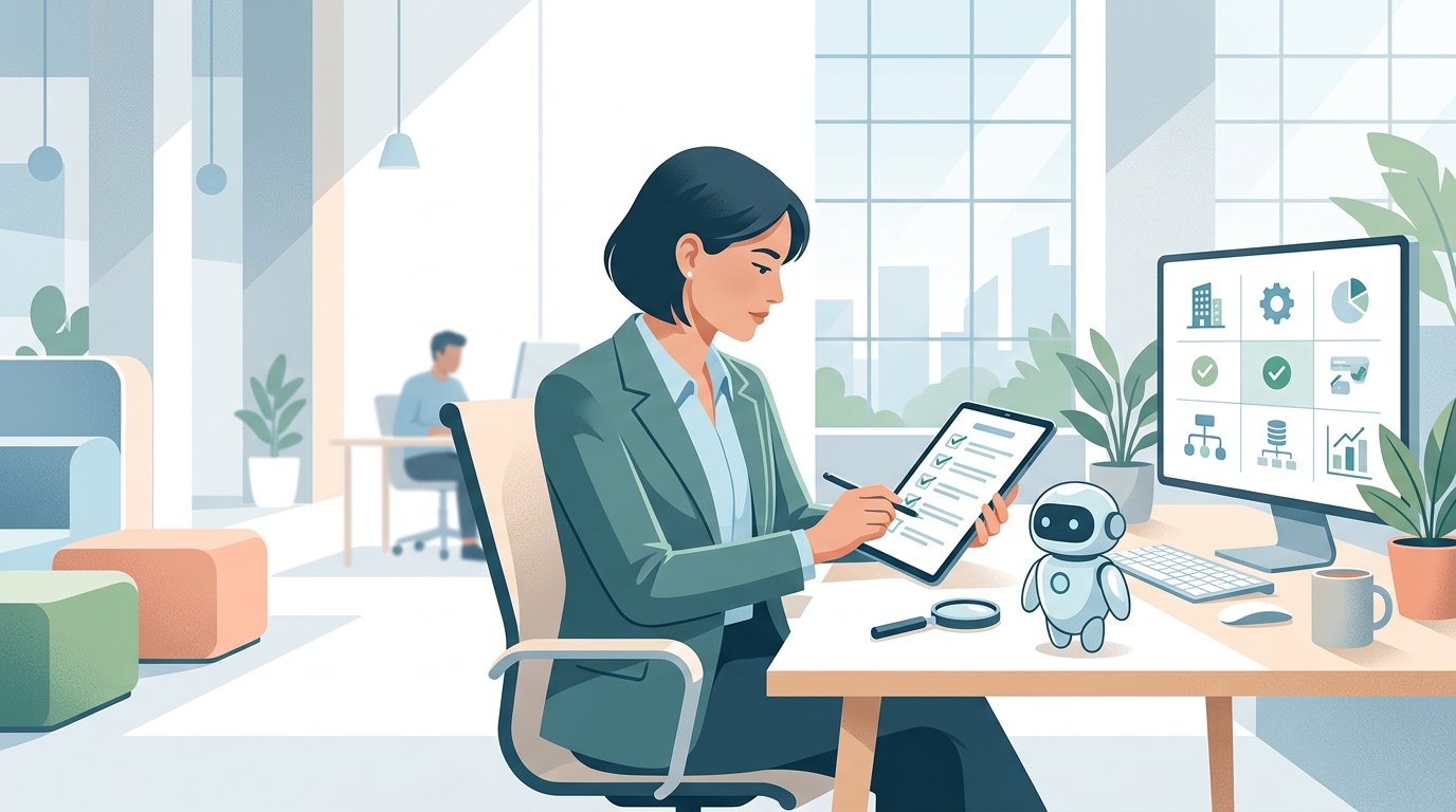 Property manager at a desk reviewing vendor options on a laptop, evaluating AI leasing software