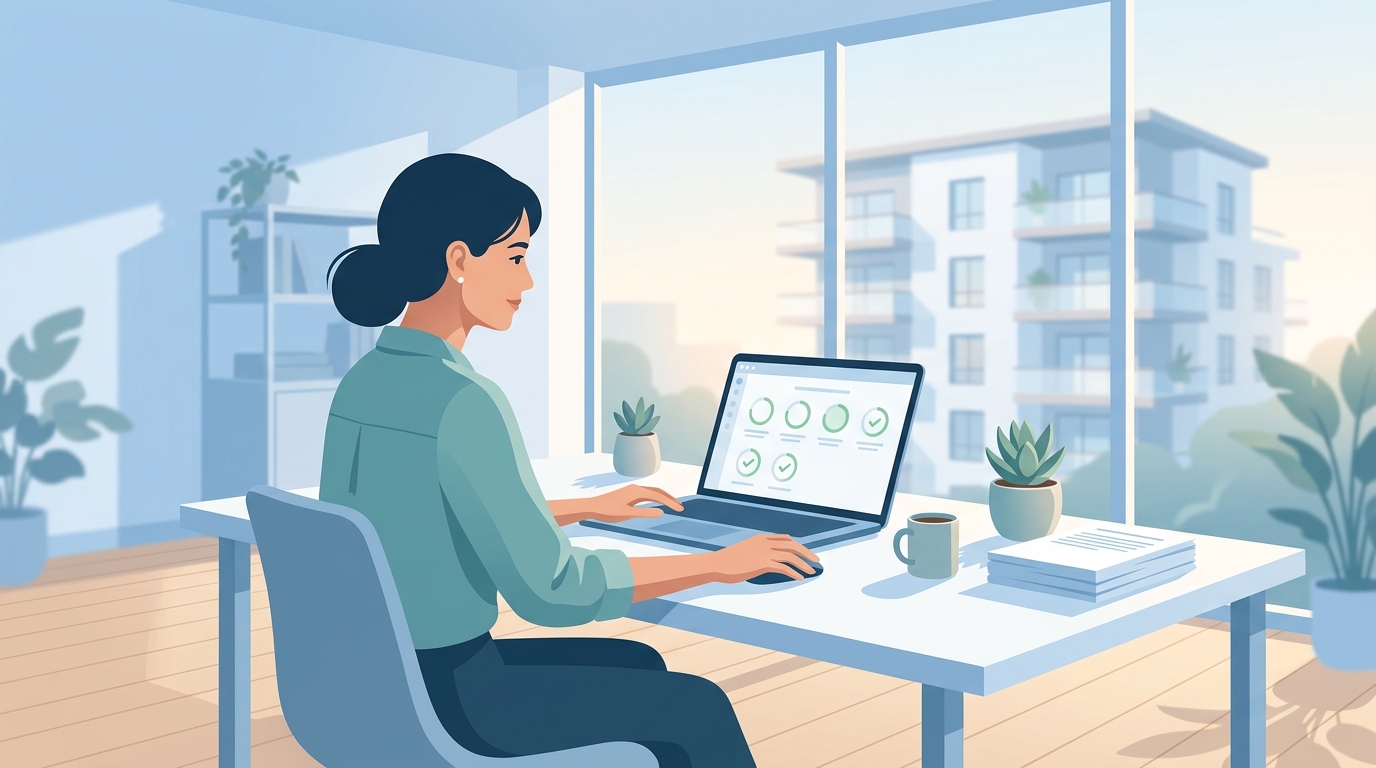 Property manager reviewing a leasing setup checklist on a laptop, illustrating how quickly AI leasing software can be configured and go live