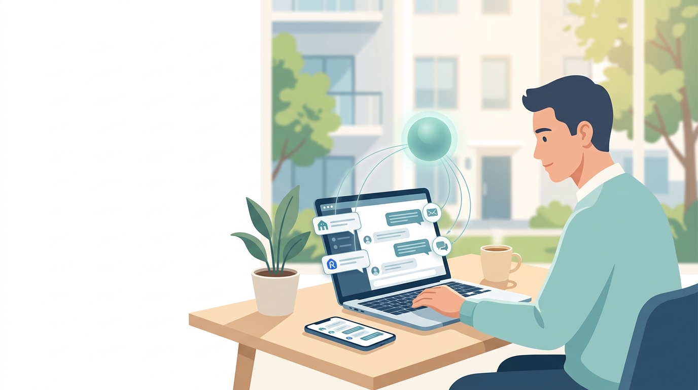Property manager reviewing Facebook Marketplace and Craigslist rental inquiries on a laptop, with an AI inbox consolidating messages from mu
