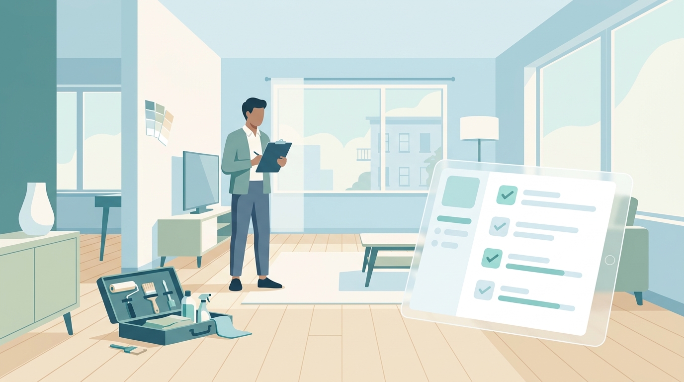 Property manager conducting a move-out walkthrough inspection, photographing unit condition on a tablet with an empty apartment in the backg