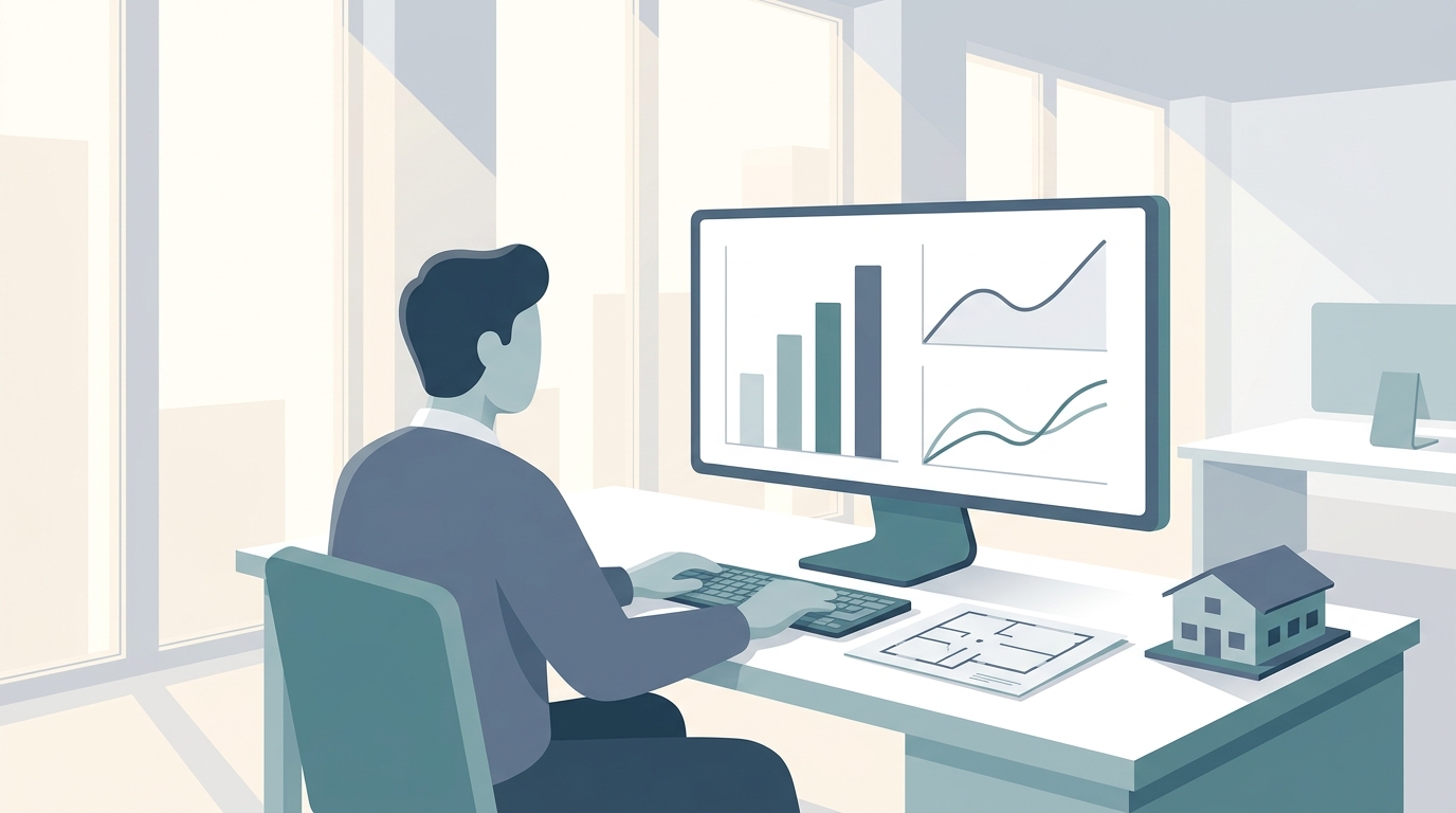 A property manager reviewing a leasing performance report on a laptop, with key metrics like days-on-market and lead-to-lease ratio visible
